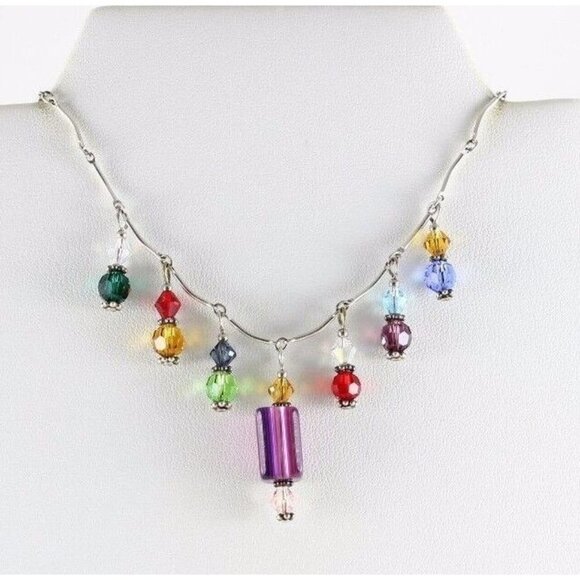 Sterling Silver Beaded Multi Color Necklace 16 inch Chain - Picture 1 of 10